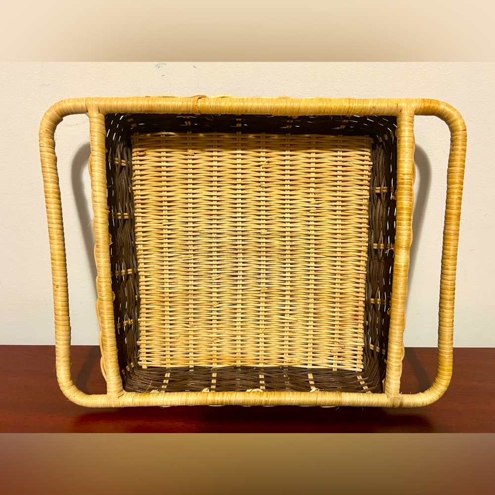 Two Tone Woven Wicker Rattan Serving Tray with Handles Square Brown Natural Tan